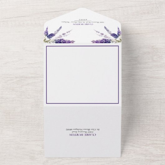 Lavendel Botanische Paarse Bloemen Bruiloft All In One Uitnodiging (Buitenkant)