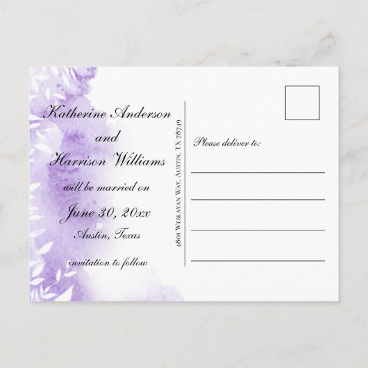 Lavendel Botanische RSVP Bruiloft Aankondigingskaart (Achterkant)