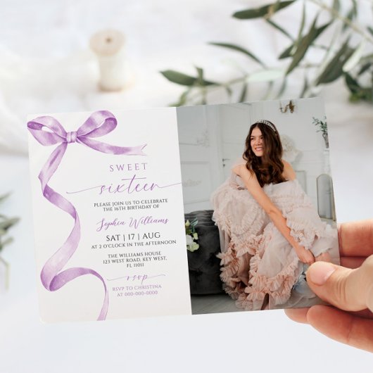 Lavendel Bow Foto Sweet 16 Verjaardag Uitnodiging