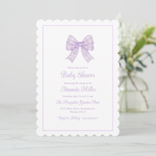 Lavendel Bow Grandmillennial Preppy Baby shower Kaart (Staand voorkant)