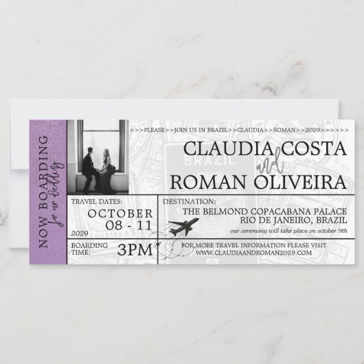 Lavendel Brazilië Bruiloft Boarding Pass Uitnodigi (Voorkant)