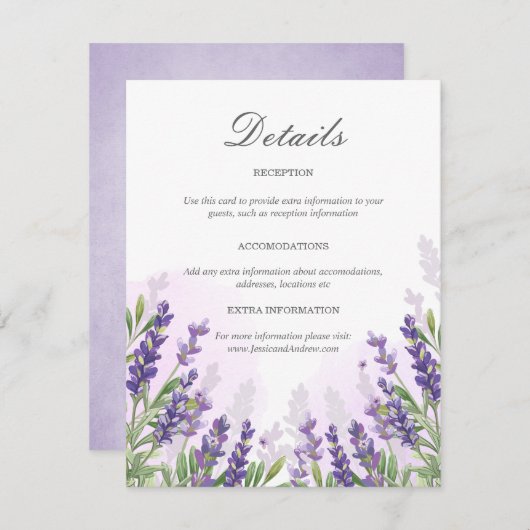 Lavendel Bruiloft Gast Informatie Kaart Details (Voorkant / Achterkant)