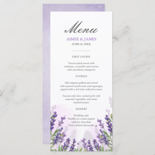 Lavendel Bruiloft Menu Elegant Paarse Bloemen Drom (Voorkant / Achterkant)