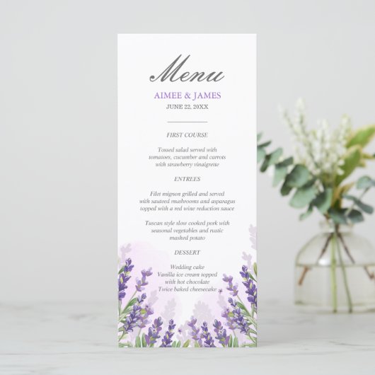 Lavendel Bruiloft Menu Elegant Paarse Bloemen Drom (Staand voorkant)