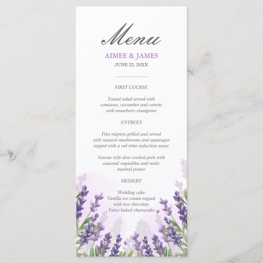 Lavendel Bruiloft Menu Elegant Paarse Bloemen Drom (Voorkant)