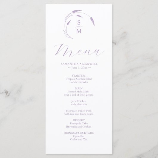 Lavendel Bruiloft Menu's Eenvoudig Monogram (Voorkant)