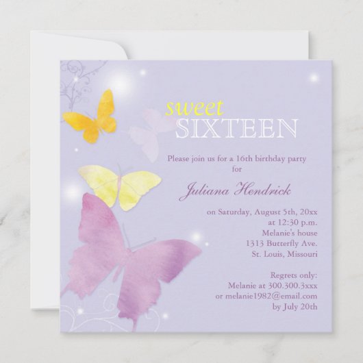 Lavendel Butterfly Sweet 16 Verjaardagsfeest Kaart (Voorkant)