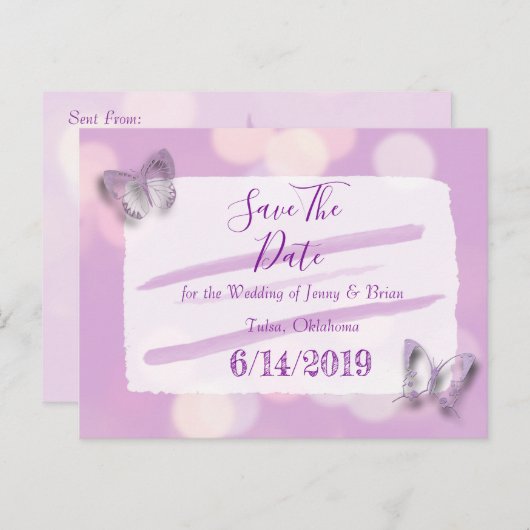 Lavendel Butterfly Wedding Save the Date Briefkaart (Voorkant / Achterkant)