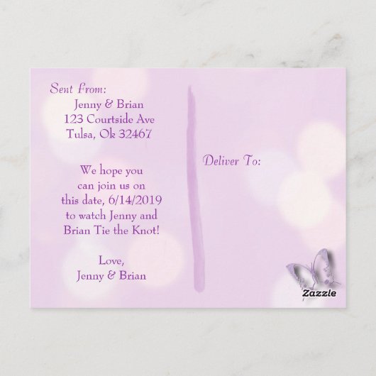 Lavendel Butterfly Wedding Save the Date Briefkaart (Achterkant)
