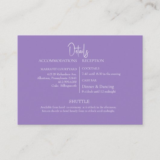 Lavendel Cash Bar & Shuttle Bruiloft Informatiekaartje (Voorkant)