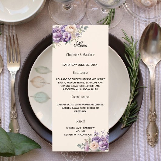 Lavendel champagne crème bloem bruiloft menu