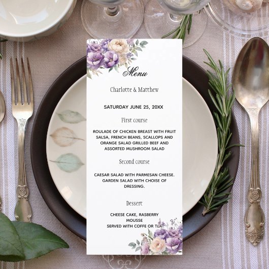 Lavendel champagne crème bloem bruiloft menu