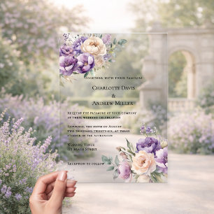 Lavendel champagne crème bloemrijke luxe trouwdag acryl uitnodigingen