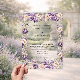 Lavendel champagne crème bloemrijke luxe trouwdag acryl uitnodigingen