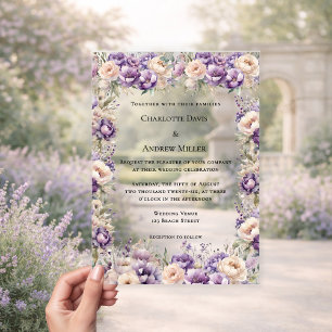 Lavendel champagne crème bloemrijke luxe trouwdag acryl uitnodigingen