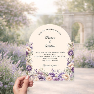 Lavendel champagne crème bloemrijke luxe trouwdag acryl uitnodigingen