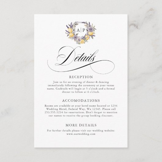 Lavendel Citroen Monogram Bloemkam Details Informatiekaartje (Voorkant)