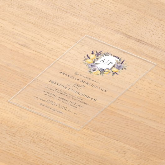 Lavendel Citroen Monogram Bloemkam Trouwen Acryl Uitnodigingen (Laagn)