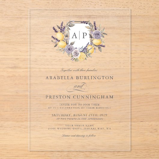 Lavendel Citroen Monogram Bloemkam Trouwen Acryl Uitnodigingen (Voorkant)