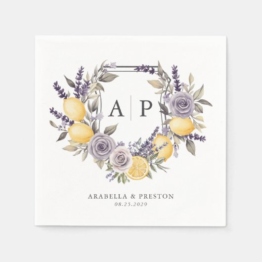 Lavendel Citroen Monogram Bloemkam Trouwen Servet (Voorkant)