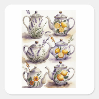 Lavendel & Citroen Theeservies Watercolor Kunst Vierkante Sticker