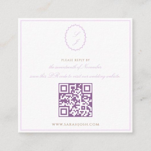 Lavendel Classic Monogram QR RSVP Bruiloft Informatiekaartje (Voorkant)