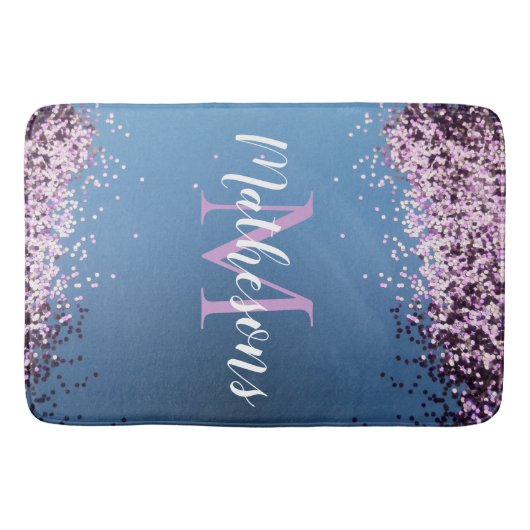 Lavendel Confetti op Blauw Monogram Naam Leuk Badmat (Voorkant)