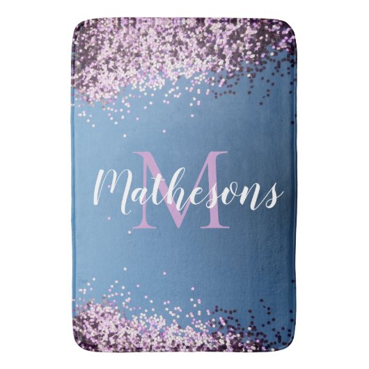 Lavendel Confetti op Blauw Monogram Naam Leuk Badmat (Voorkant Verticaal)