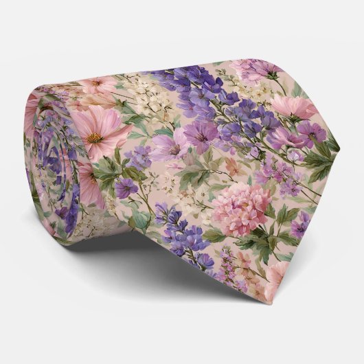 Lavendel & Cosmos Pastel Bloemen Bruiloft Stropdas (Opgerold)