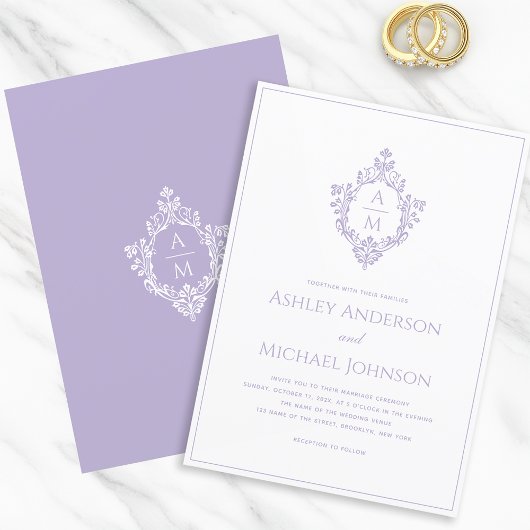 Lavendel Crest Monogram  Elegant Huwelijk Kaart