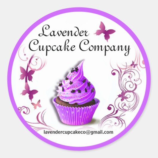 Lavendel Cupcake Co Sticker paarse rand groot (Voorkant)