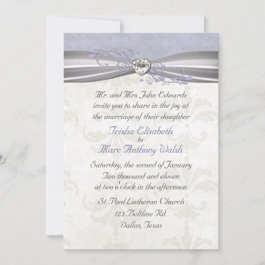 Lavendel Damask & Hart Bruiloft Uitnodiging (Voorkant)