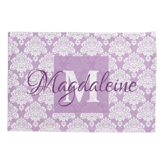 Lavendel Damask Kussen Hoesje met Monogram & Naam Kussensloop (Achterkant)