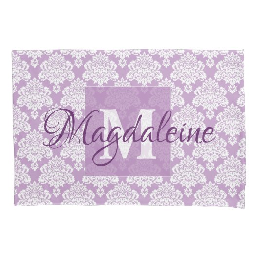 Lavendel Damask Kussen Hoesje met Monogram & Naam Kussensloop (Voorkant)