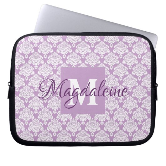 Lavendel Damask Laptop Hoesje met Monogram & Naam Sleeve (Voorkant)