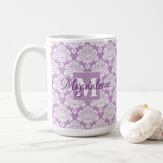 Lavendel Damask Mok met Monogram en Naam (Met donut)
