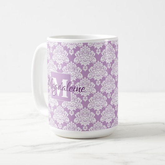 Lavendel Damask Mok met Monogram en Naam (Voorkant links)