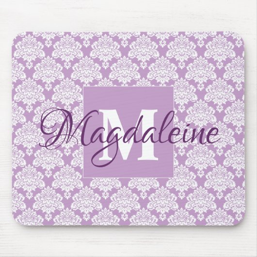 Lavendel Damask Muismat met Monogram & Naam (Voorkant)