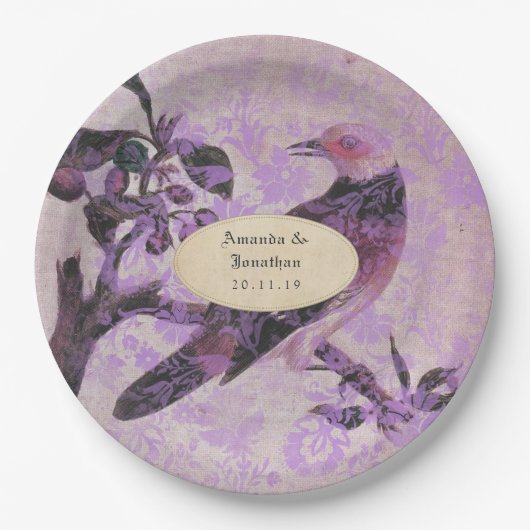Lavendel Damask Vogel Bruiloft Papieren Bordje (Voorkant)