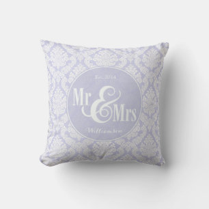 Lavendel damast "Mr & Mrs" kussen, gepersonaliseer Kussen