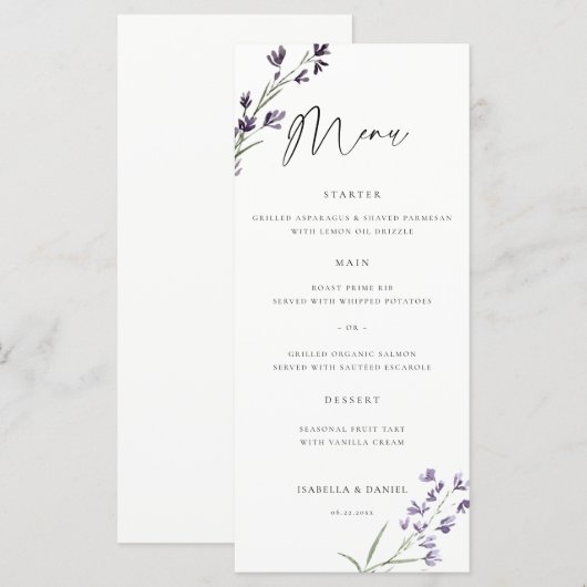 Lavendel Delicate Waterverf Elegante Chique Bruilo Menu (Voorkant / Achterkant)