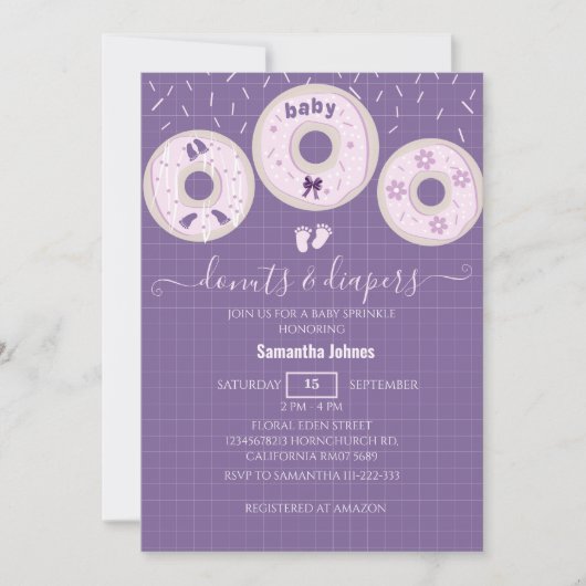 Lavendel Donuts en Luier Baby Shower Met Strooigoe Kaart (Voorkant)