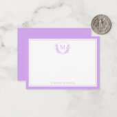 Lavendel Double Border Floral Crest Monogram Notitiekaartje (Voorkant / Achterkant in situ)
