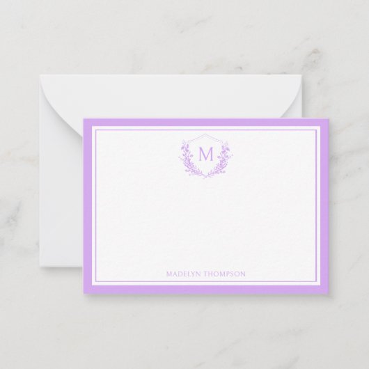 Lavendel Double Border Floral Crest Monogram Notitiekaartje (Voorkant)