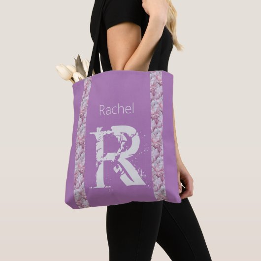 Lavendel Elegant Eenvoudig Modern Preppy Monogram Tote Bag (Dichtbij)