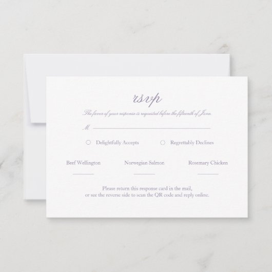 Lavendel Elegant Script Wedding RSVP met QR-code Kaartje (Voorkant)