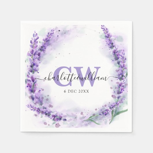 Lavendel Elegant Waterverf Monogram Bruiloft Servet (Voorkant)