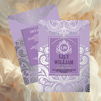 Lavendel Elegante Artdeco Diamant Monogram Trouwka Folie Uitnodiging