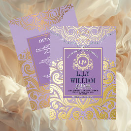 Lavendel Elegante Artdeco Diamanten Monogram Trouw Folie Uitnodiging