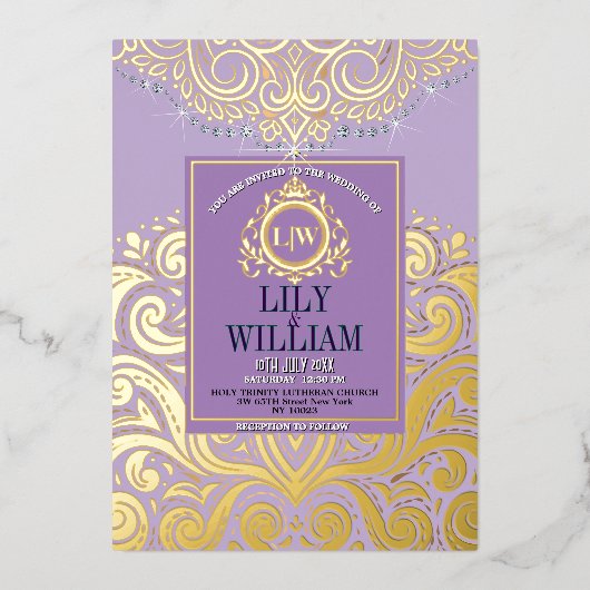 Lavendel Elegante Artdeco Diamond Monogram Huwelij Folie Uitnodiging (Voorkant)